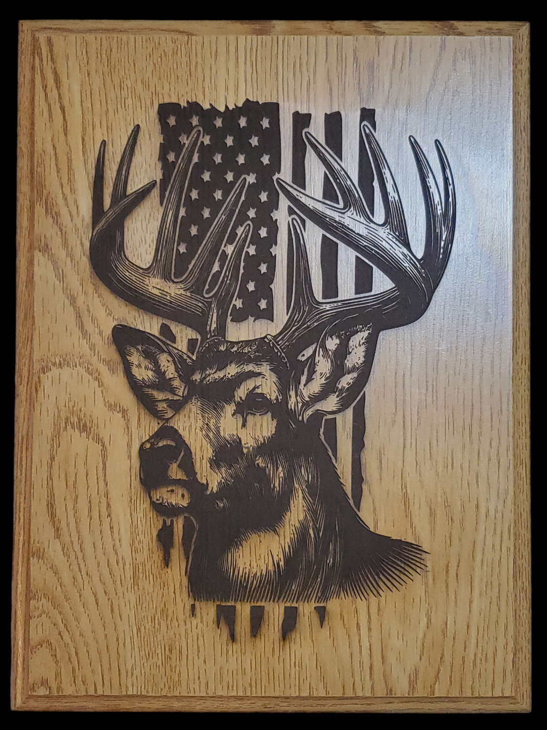 Wood plaque Engraving of Deer &amp; American Flag Hanging 9x12 Decor. Indoor use only