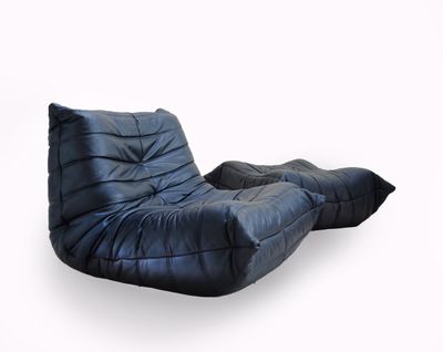 Leather Togo Chair And Footstool By Michel Ducaroy For Ligne Roset In Black Leather, Super Condition .