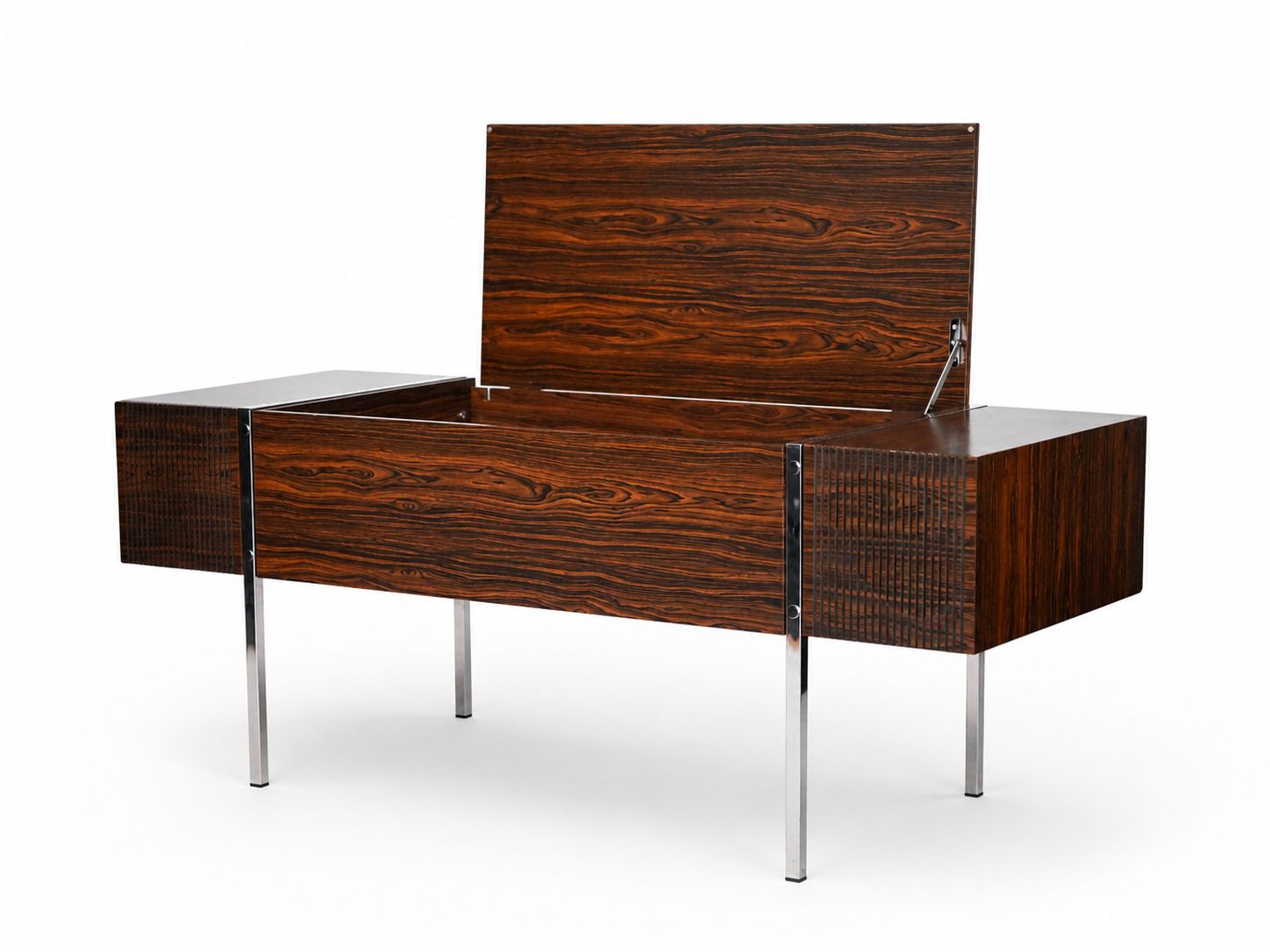 A striking Iconic 1970s Thorn Ultra 6340 stereophonic radiogram, finished in a rich rosewood-effect woodgrain with slim chrome legs.