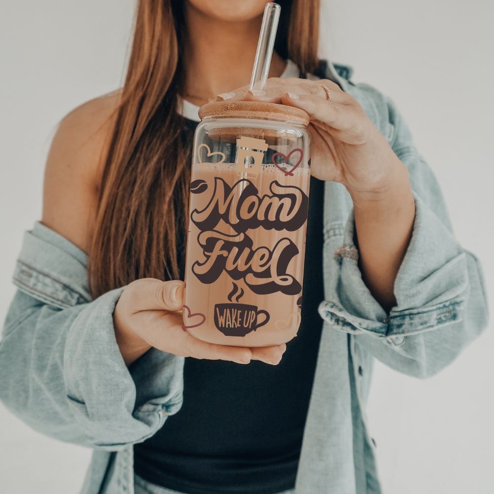 Mom Fuel - Coffee | 20 oz Glass Tumbler with Lid &amp; Straw