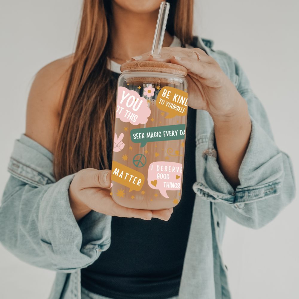 Self Love Notes | 20 oz Glass Libbey with Bamboo Lid &amp; Straw