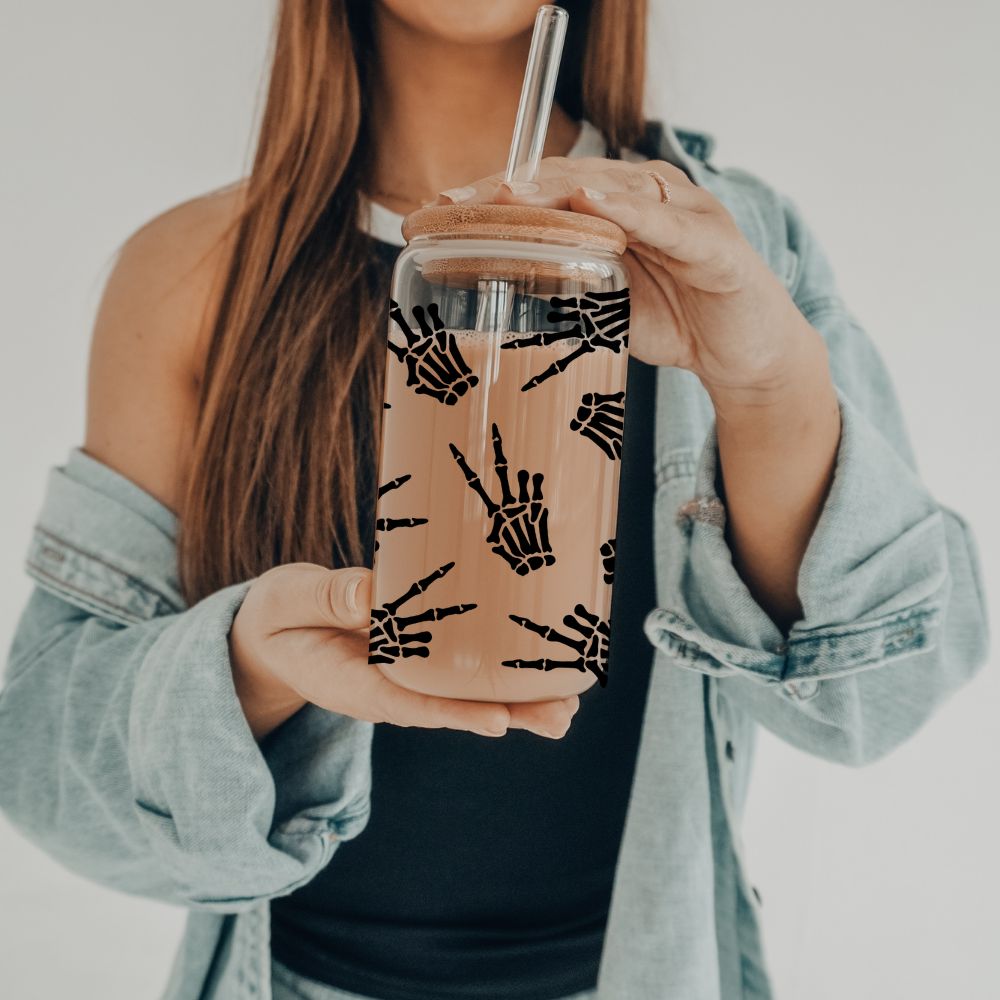 Skelly Peace | 20oz Libbey Can Glass with Bamboo Lid &amp; Straw