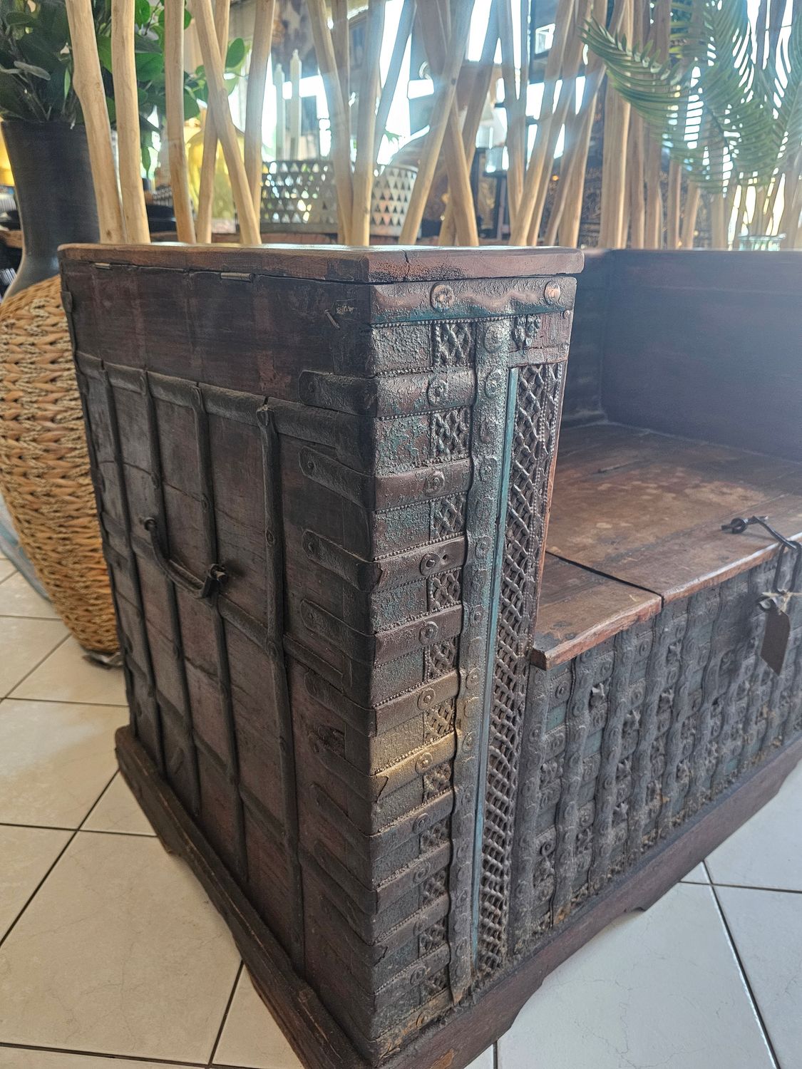 ANTIQUE WOODEN STORAGE CHAIR METAL INLAID