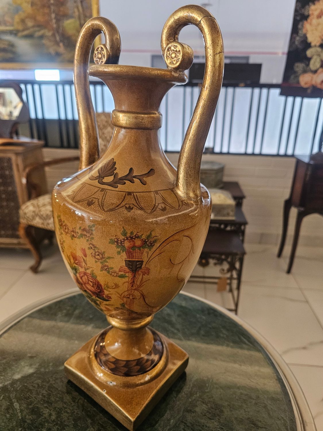 CERAMIC MUSTARD FLORAL PAINT VASE