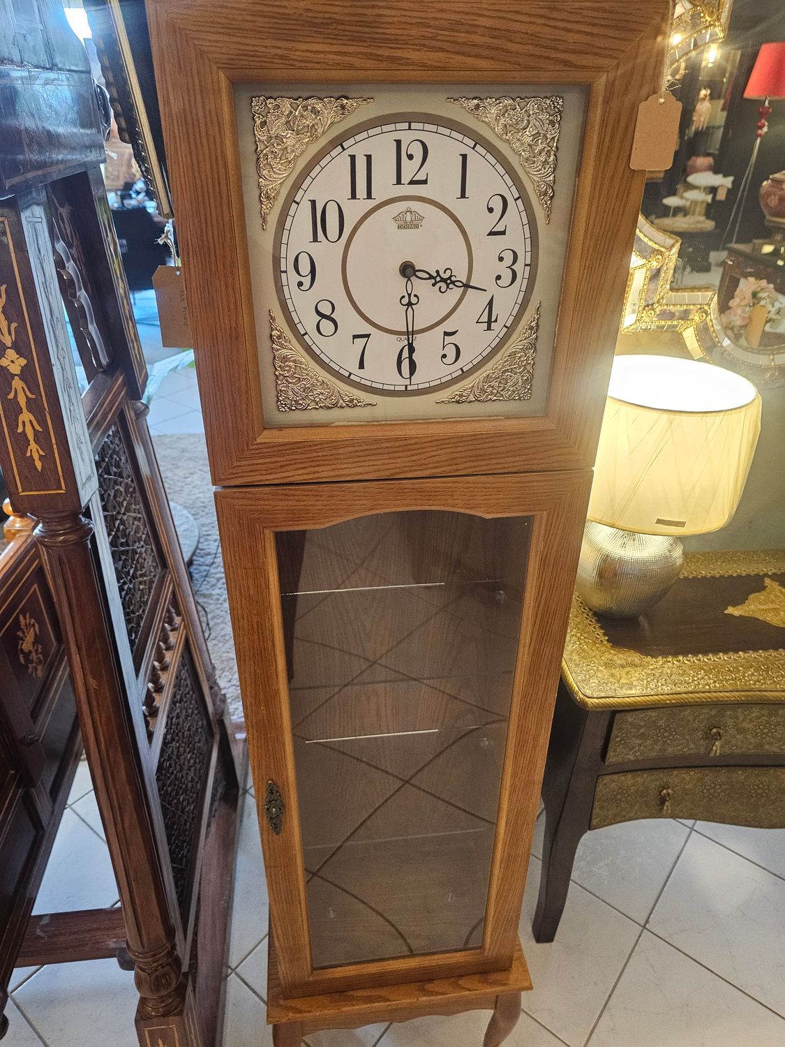 OAK CURIO CLOCK WITH SHELVES