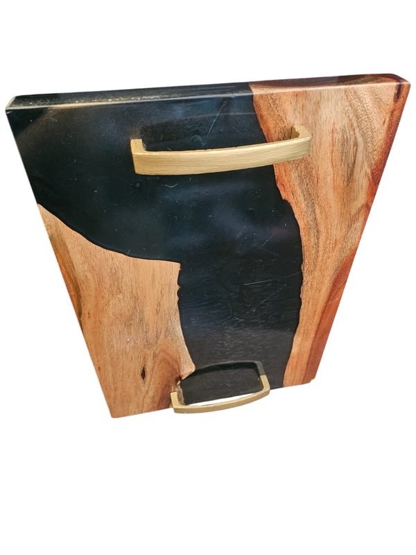BROWN WOODEN BLACK ACCENT GOLD HANDLE TRAY