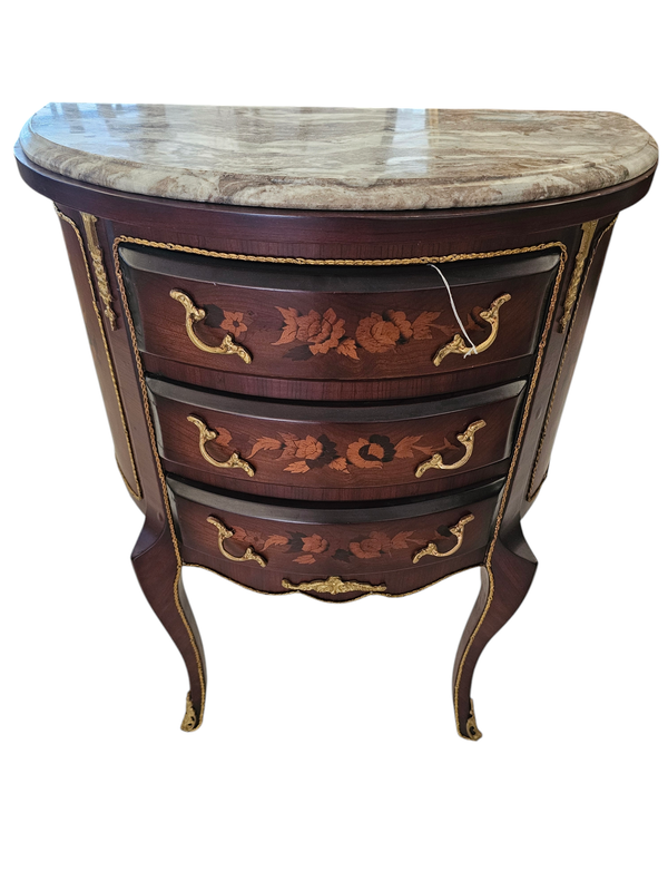 SEMI CIRCULAR INLAID CHEST OF DRAWERS MARBLE TOPPED