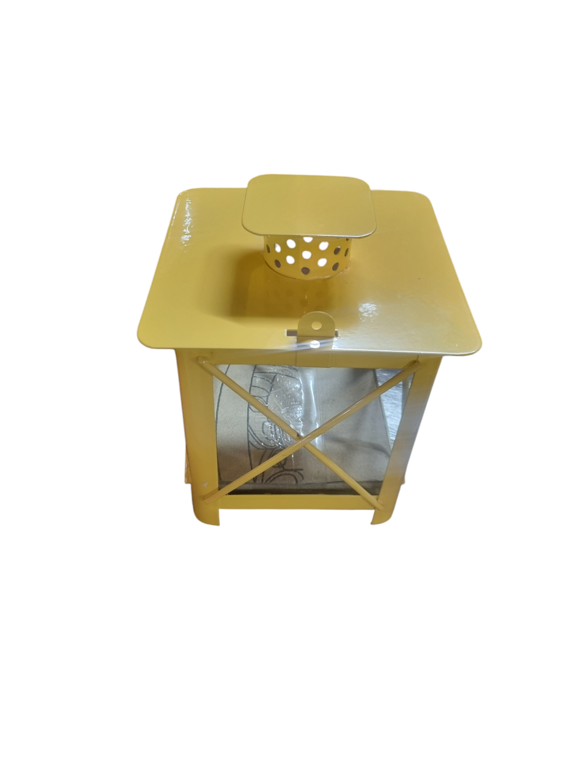 YELLOW METAL AND GLASS SQUARE CANDLE HOLDER