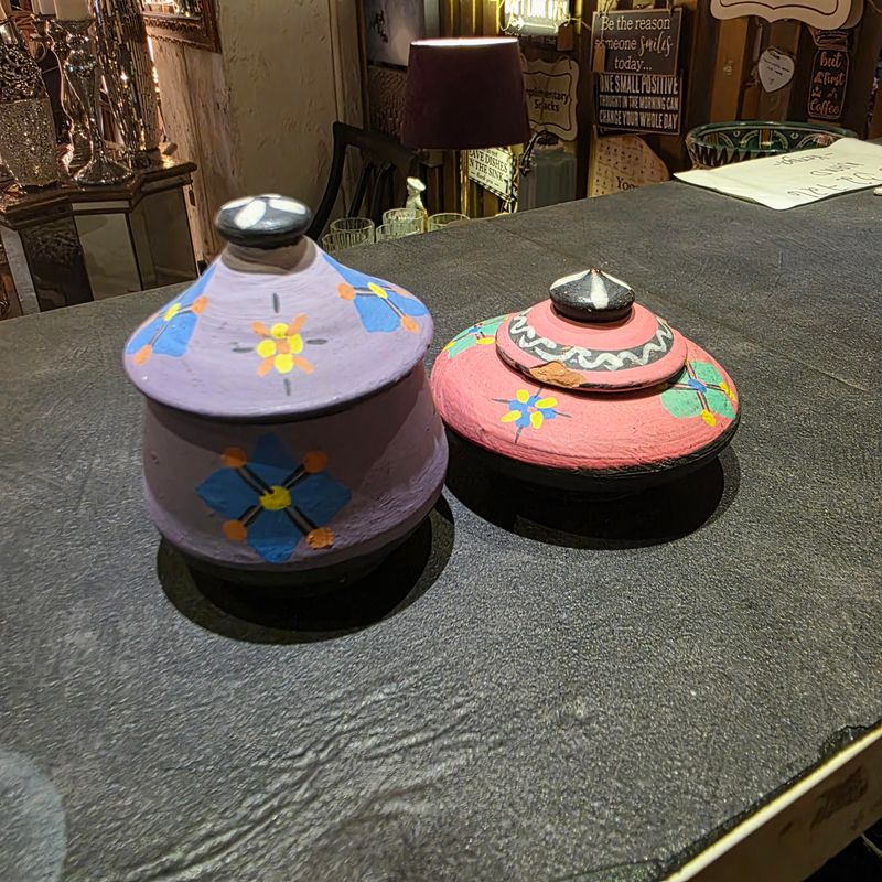 HAND PAINTED LIDDED SMALL TERACCOTA CLAY POTS