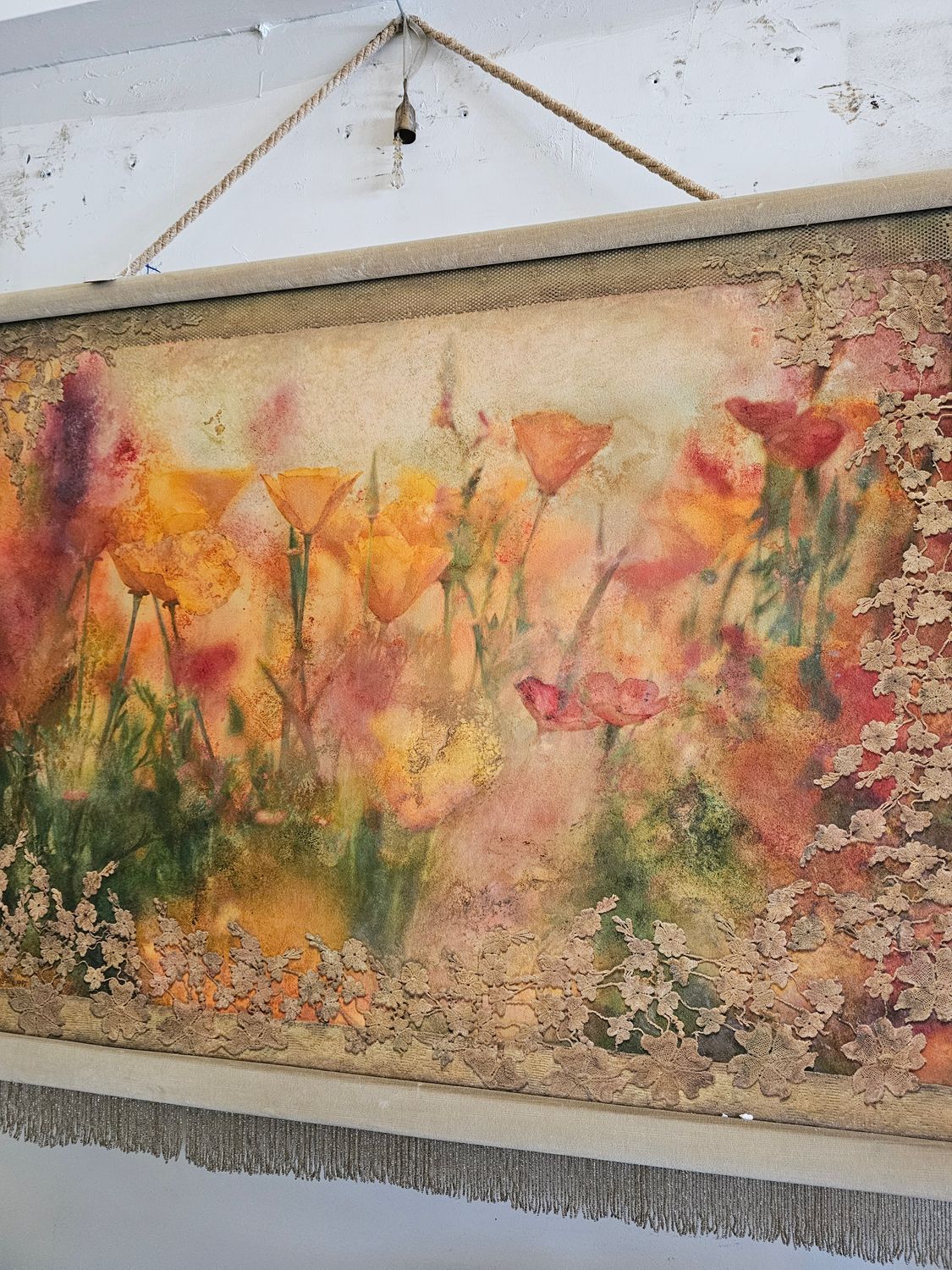 SOFT PASTEL FLORAL PAINT IN SILK WITH TASSELED DESIGN BIG