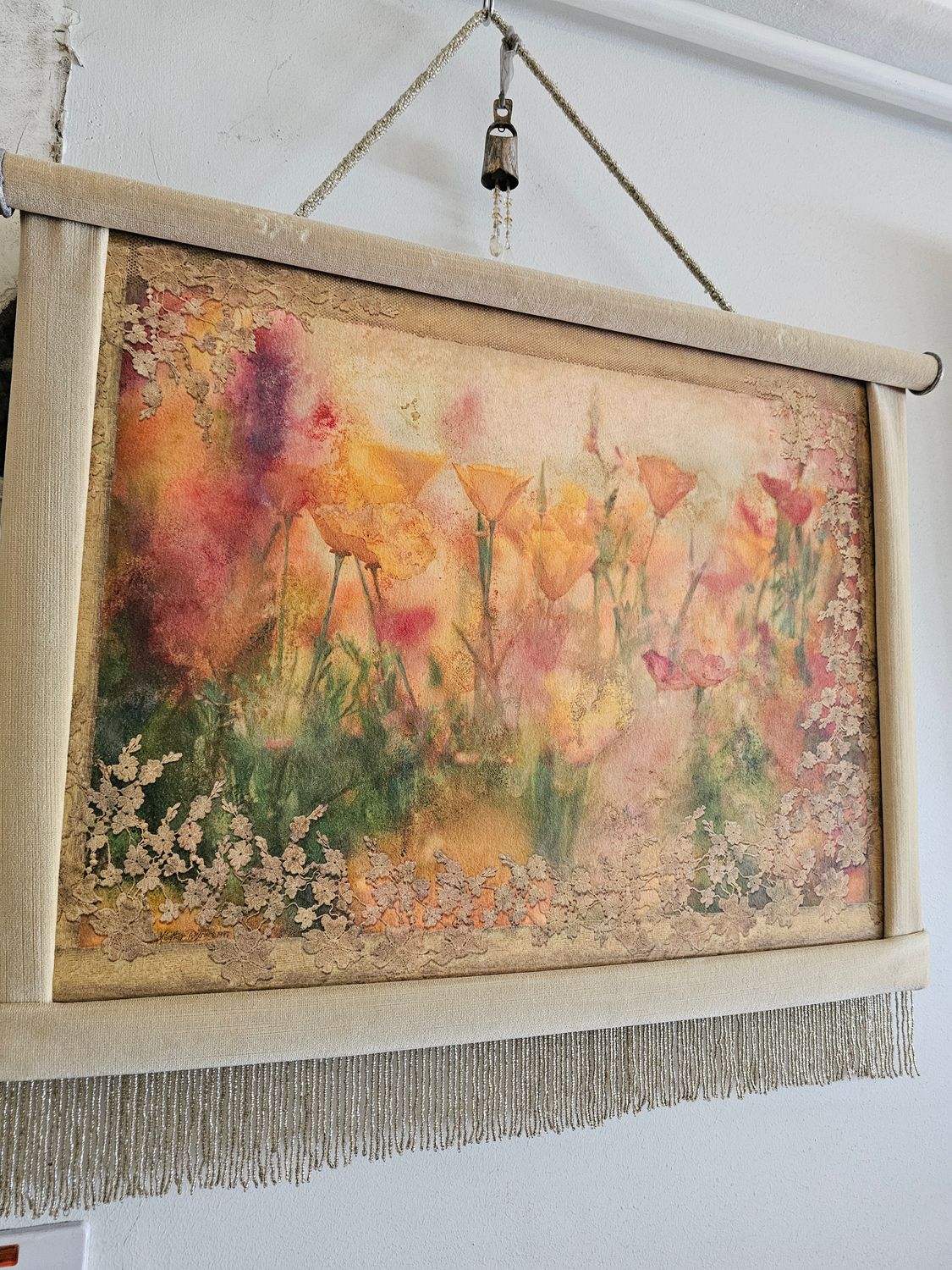 SOFT PASTEL FLORAL PAINT IN SILK WITH TASSELED DESIGN SMALL