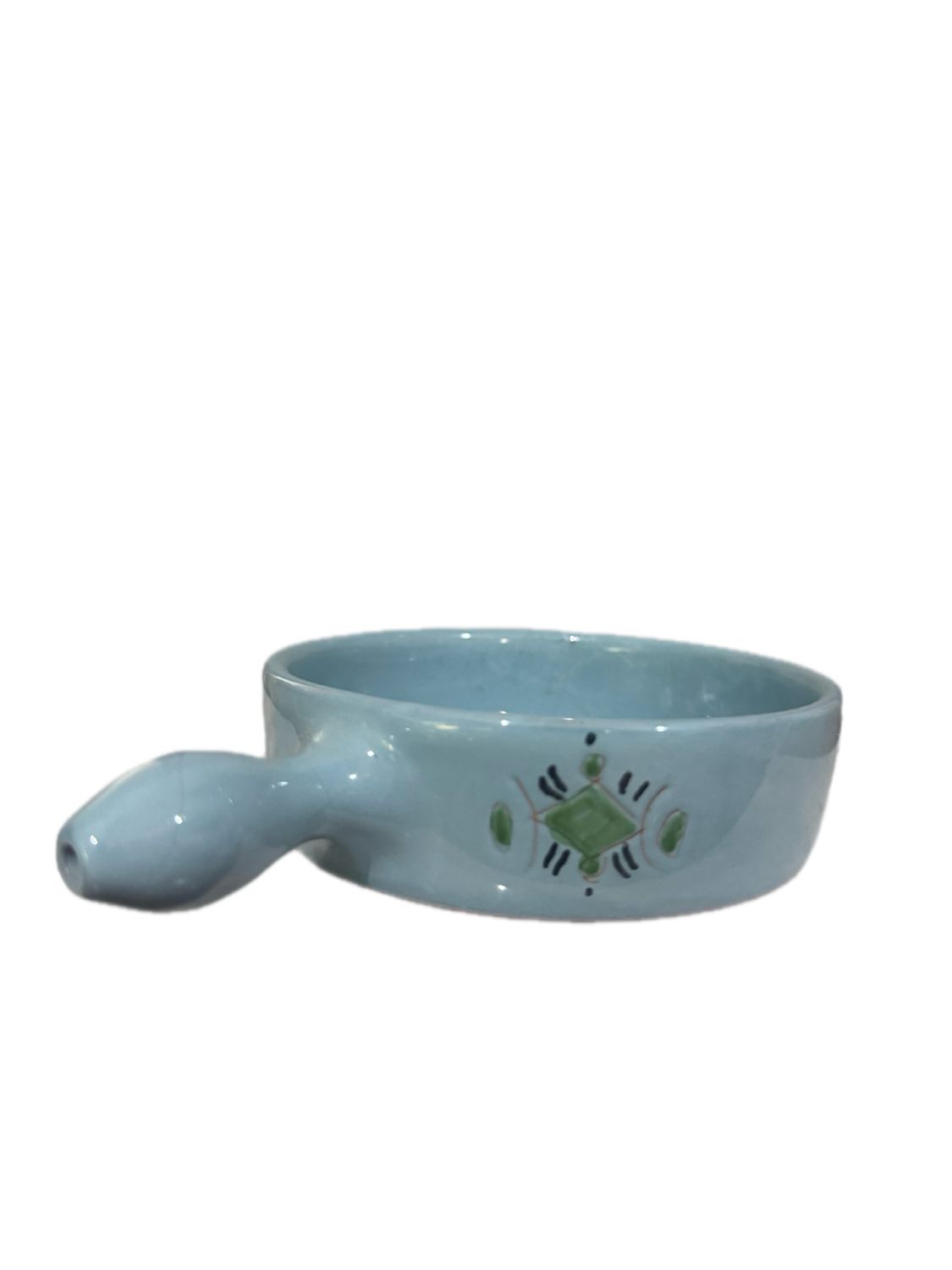 BLUE  AND BROWN CERAMIC EGG PLATE W HANDLE