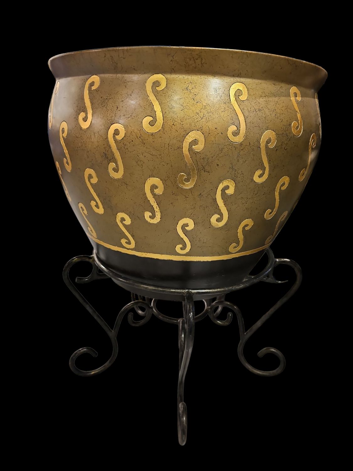 METALLIC ANTIQUE CHINESE GARDEN POT WITH IRON BLACK STAND