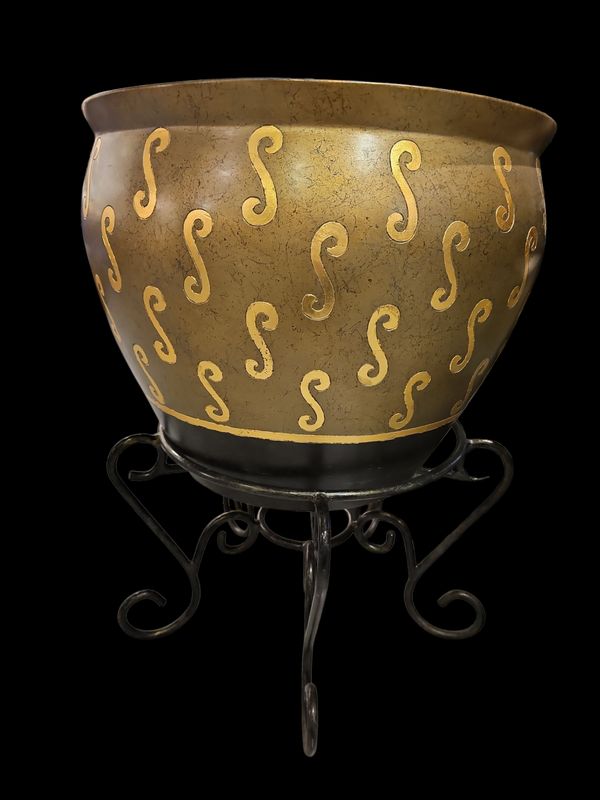 METALLIC ANTIQUE CHINESE GARDEN POT WITH IRON BLACK STAND