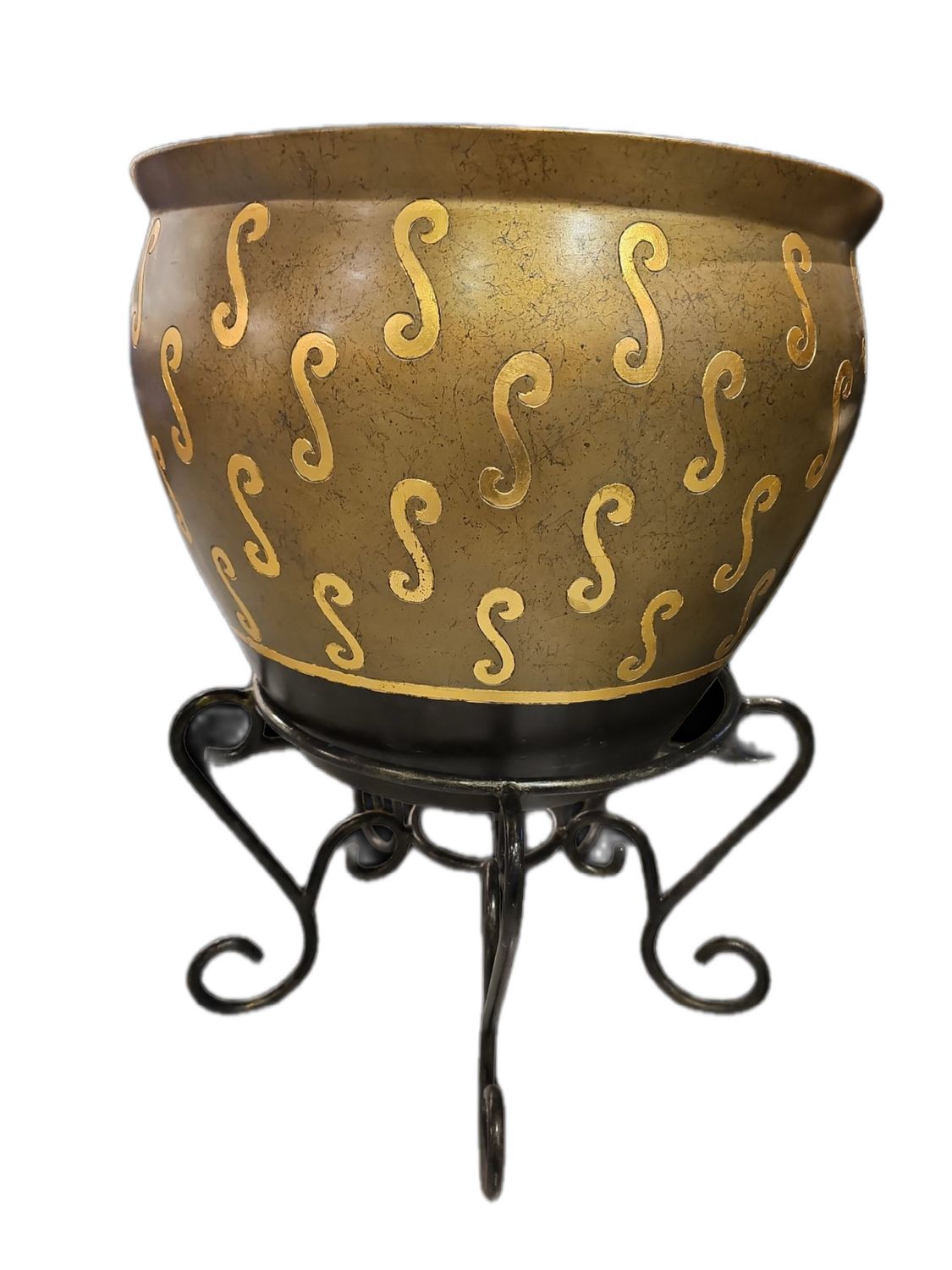 METALLIC ANTIQUE CHINESE GARDEN POT WITH IRON BLACK STAND