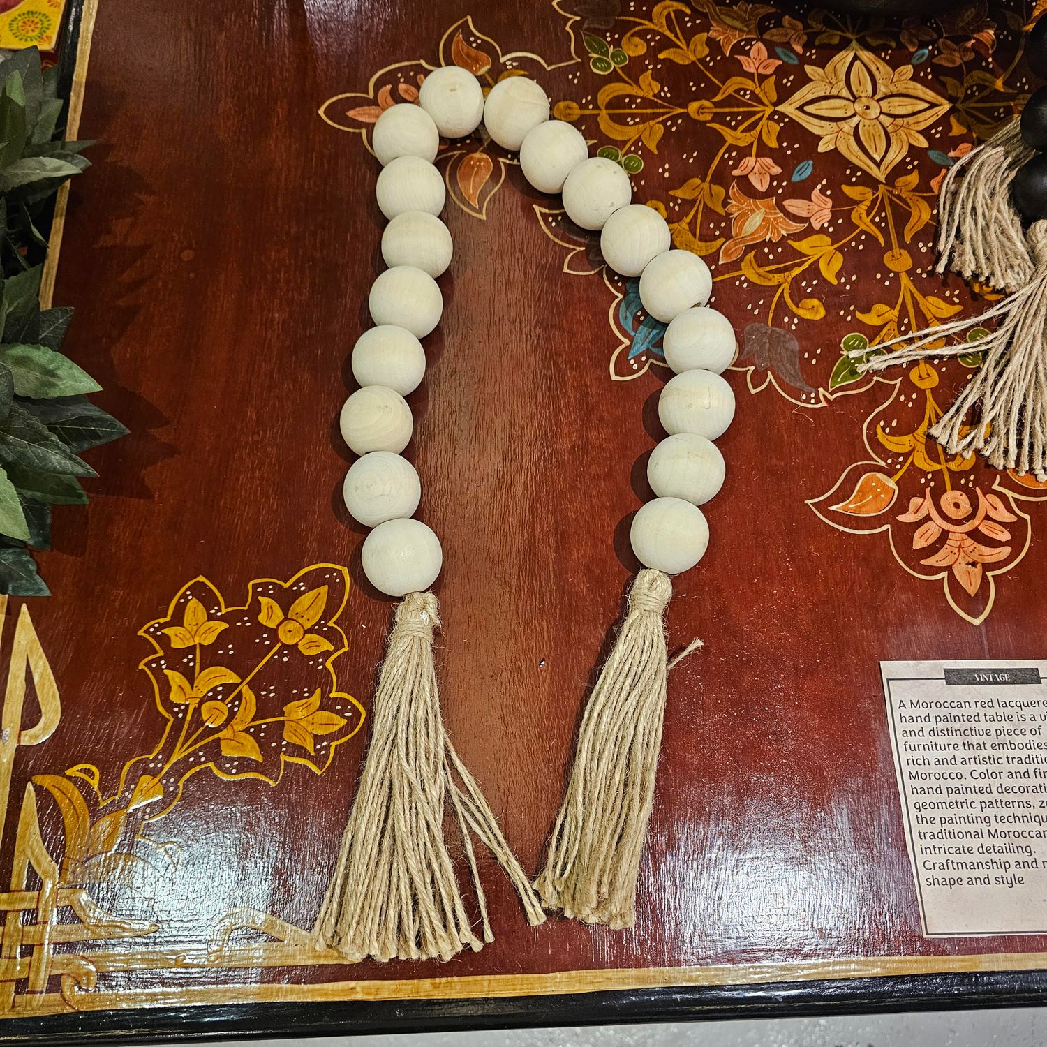 WHITE WOODEN BEADS STRINGS TWINE TASSEL DECORATIVE