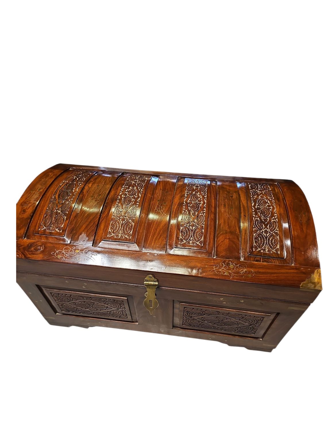 BRASS INLAID DOME CHEST WIH BRASS HANDLES, CRATE TRUNK AND CHEST FURNITURE STORAGE