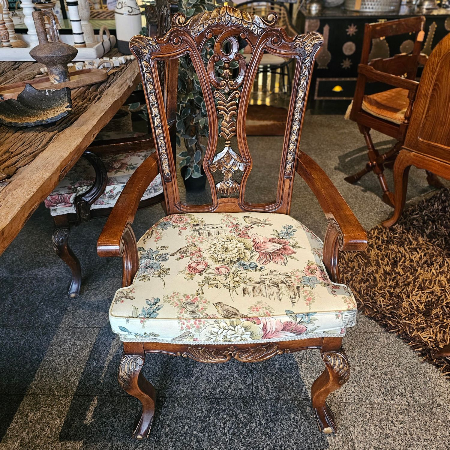 ANTIQUE FRENCH CARVED MAHOGANY ARMED CHAIR LOUIS XV STYLE