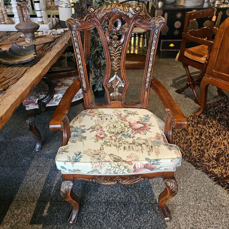 ANTIQUE FRENCH CARVED MAHOGANY ARMED CHAIR LOUIS XV STYLE