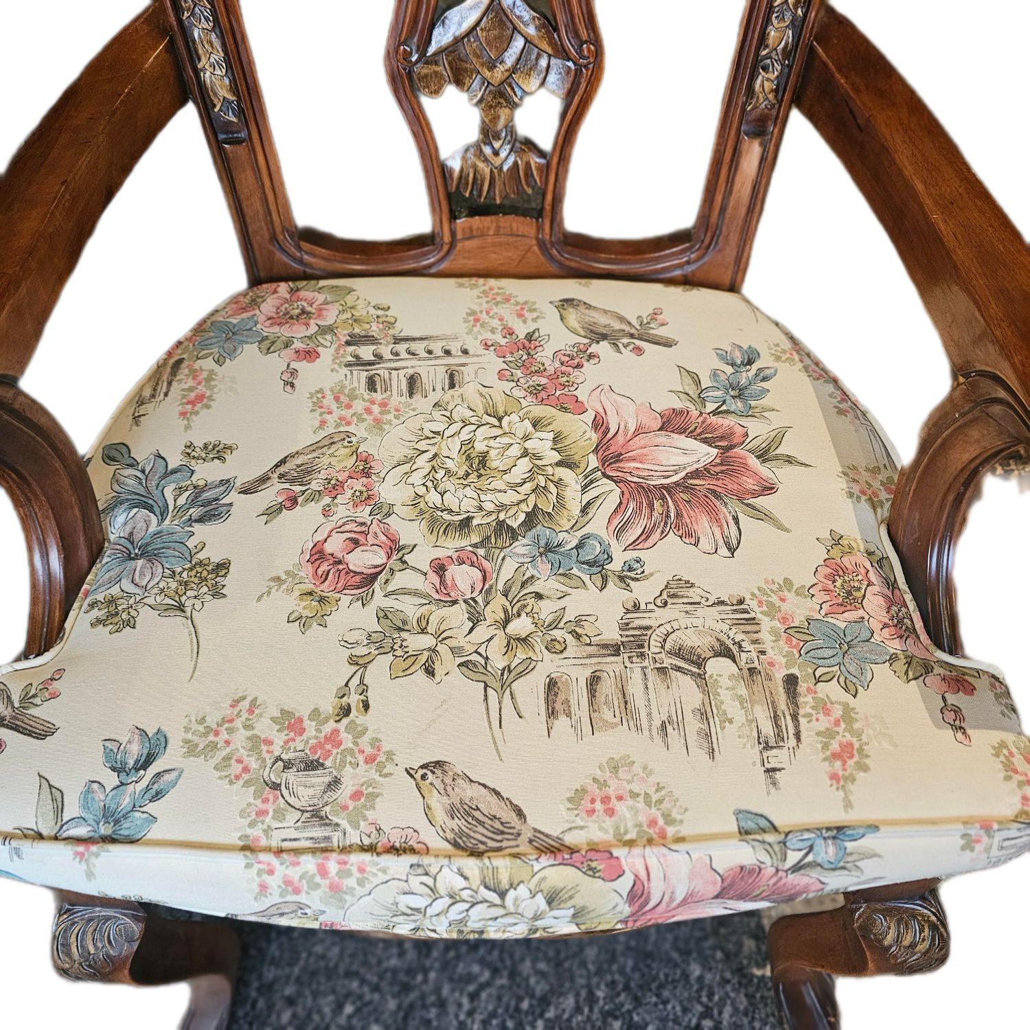 ANTIQUE FRENCH CARVED MAHOGANY ARMED CHAIR LOUIS XV STYLE