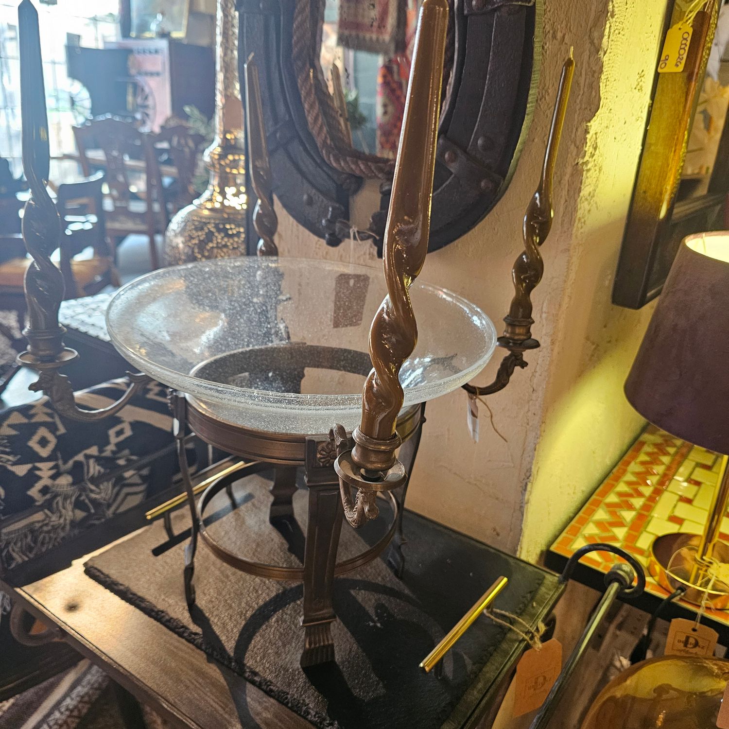 GLASS BOWL IN METAL STANDWITH CANDLE STICK HOLDER