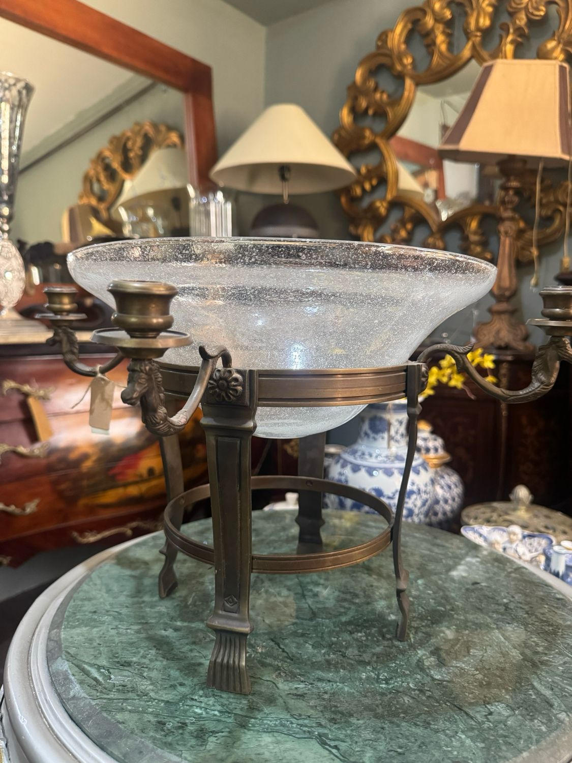 GLASS BOWL IN METAL STANDWITH CANDLE STICK HOLDER