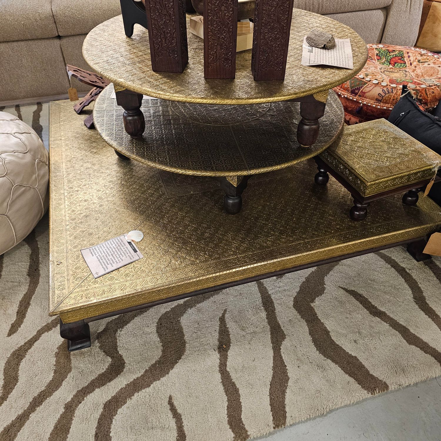 ROUND GOLD WOODEN LEG POOJA INDIAN TABLE