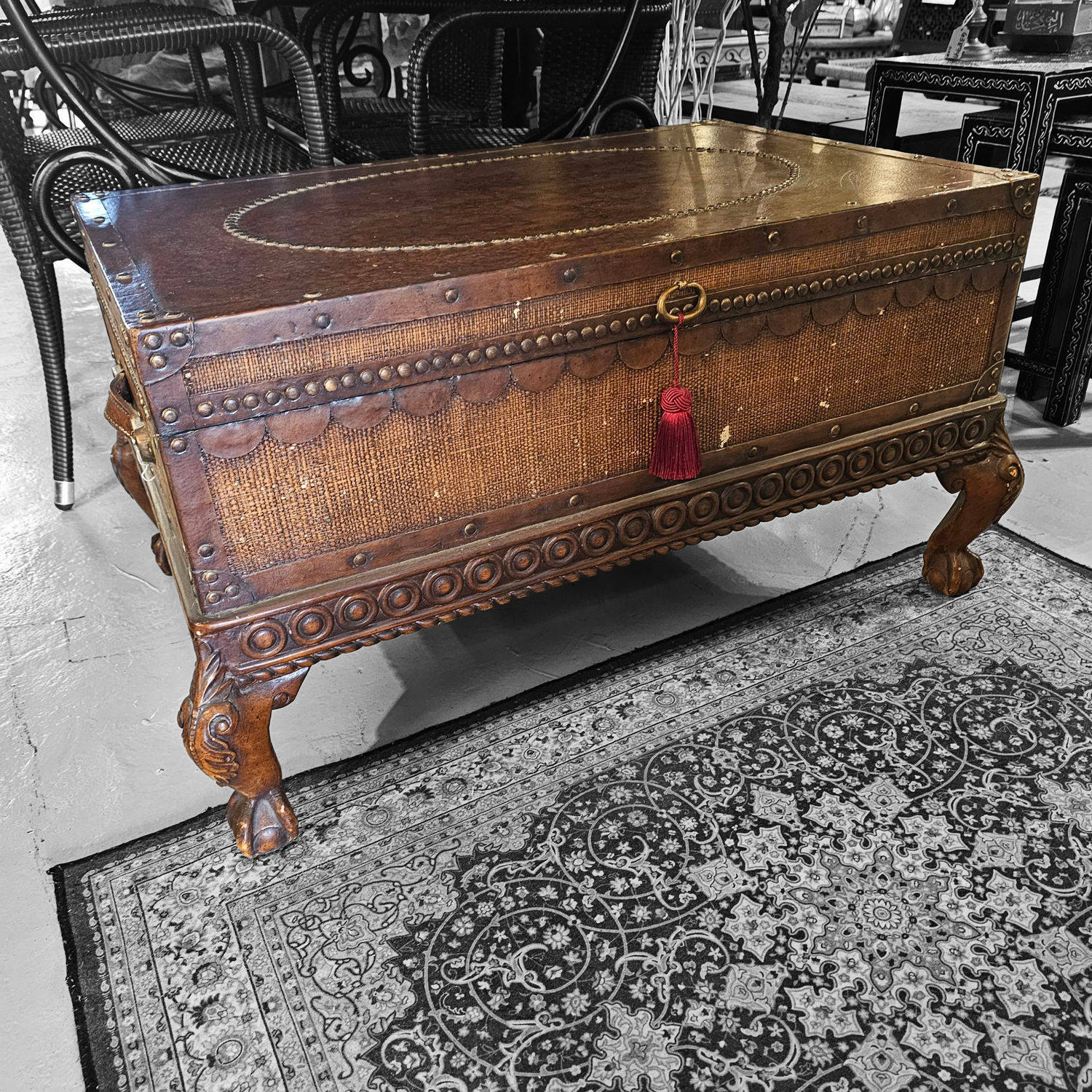 VINTAGE STORAGE WOODEN TRUNK OR CHEST WITH LEATHER HANDLE