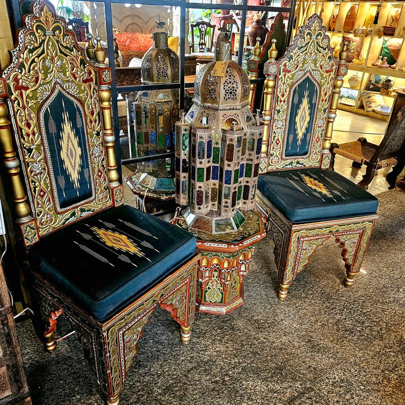 ANTIQUE SYRIAN SOLID WOOD CHAIRS WITH ONE SIDE TABLE