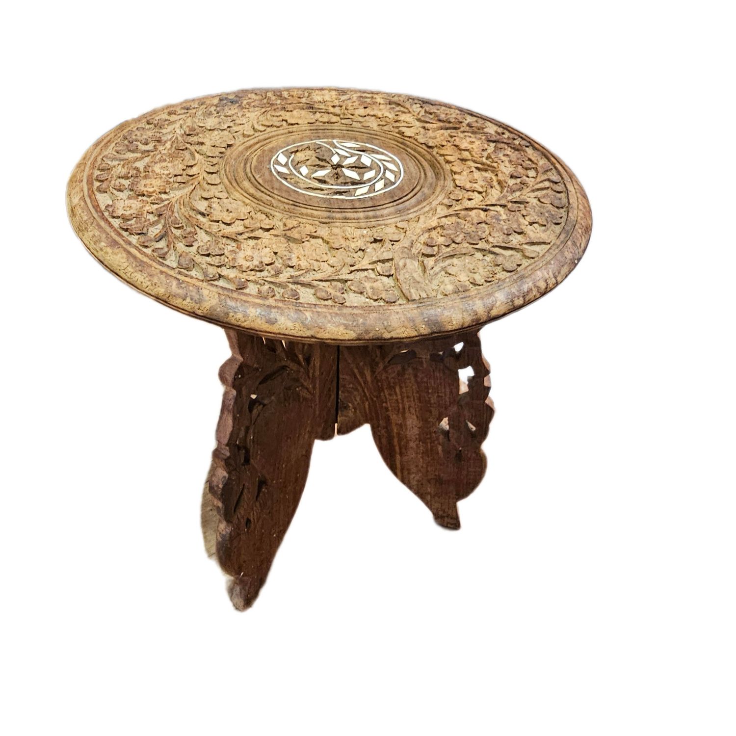 HAND CARVED WOOD WOODEN FOLDING STAND TABLE PLANT STAND WITH INLAY INDIAN ACCENT
