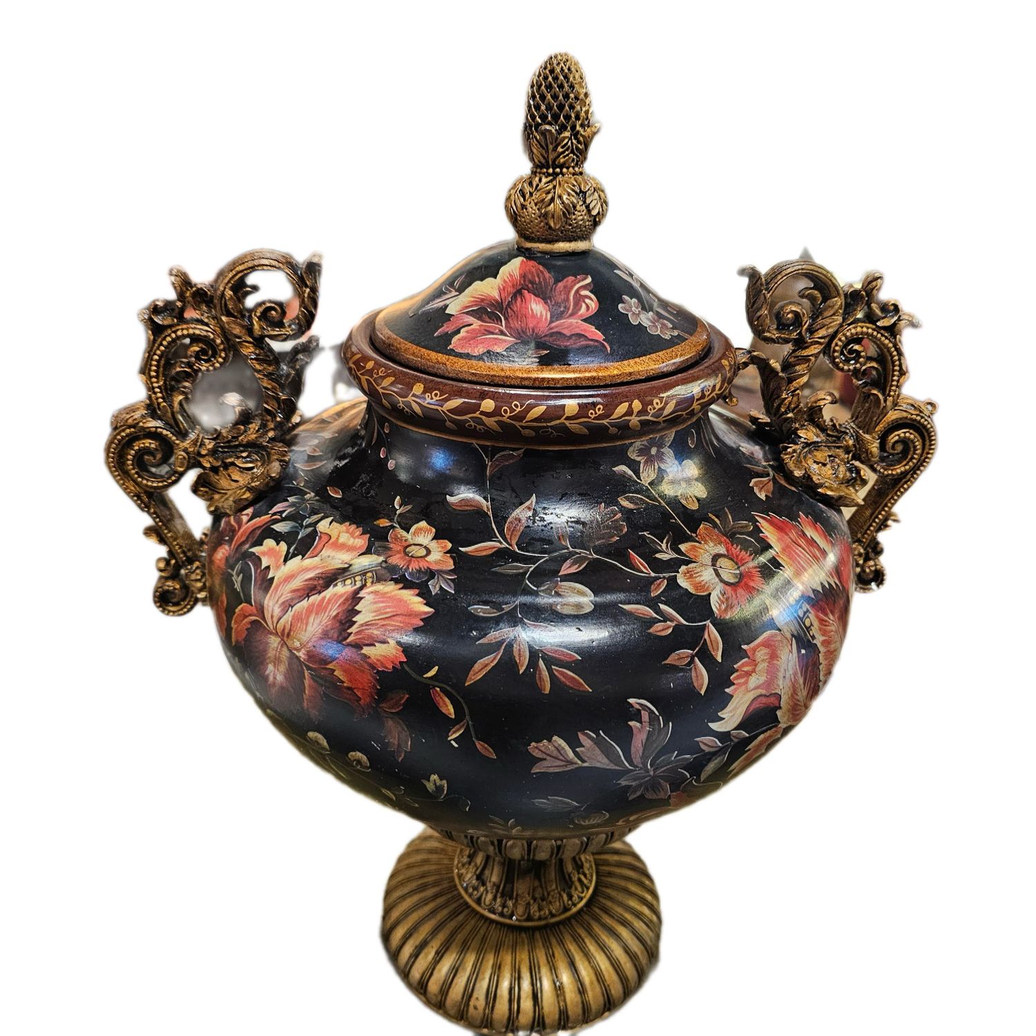 DECORATIVE VASE OR URN FEAT BLACK BASE WITH A DETAILED FLORAL PATTERN