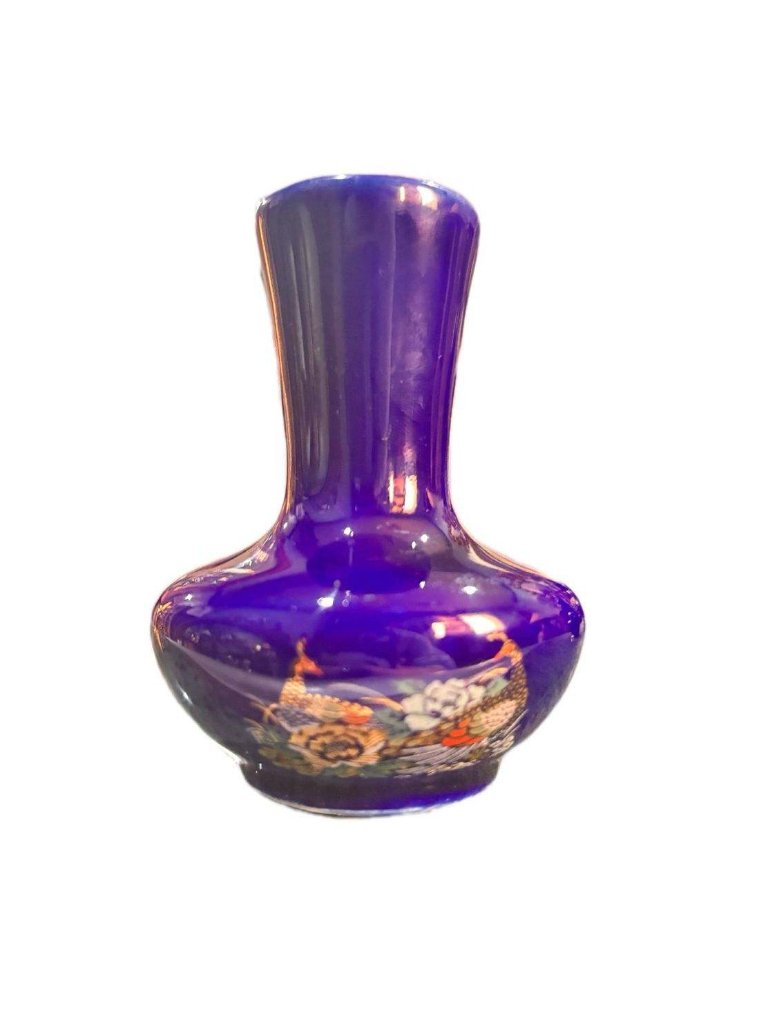 VINTAGE JAPANESE COBALT BLUE VASE WITH A HAND PAINTED FLORAL AND PEACOCK MOTIF