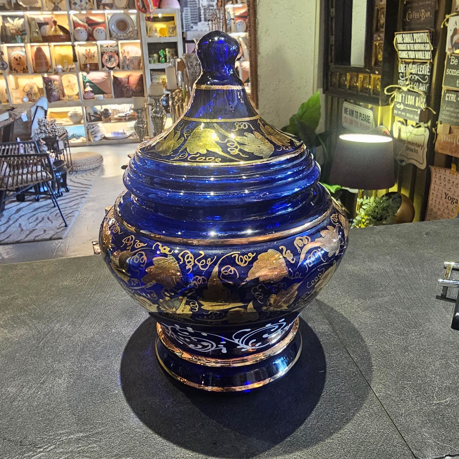 BLUE GLASS BONBONNIER LIDDED CONTAINER TYPICALLY USED FOR CANDIES OR SMALL GIFTS