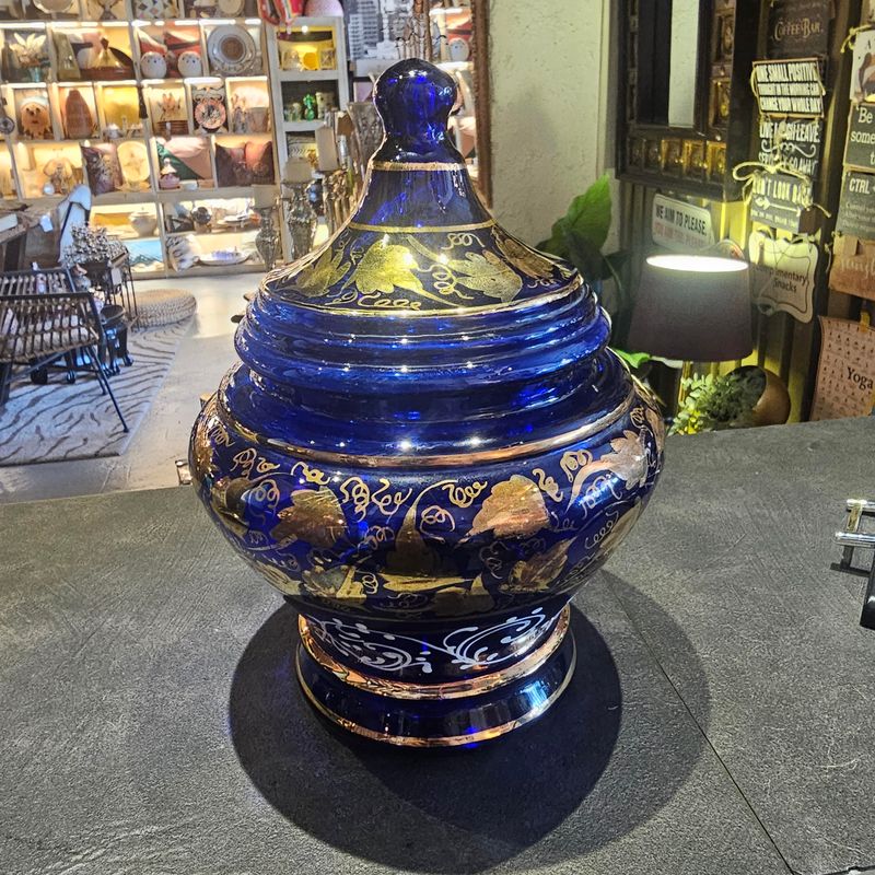 BLUE GLASS BONBONNIER LIDDED CONTAINER TYPICALLY USED FOR CANDIES OR SMALL GIFTS