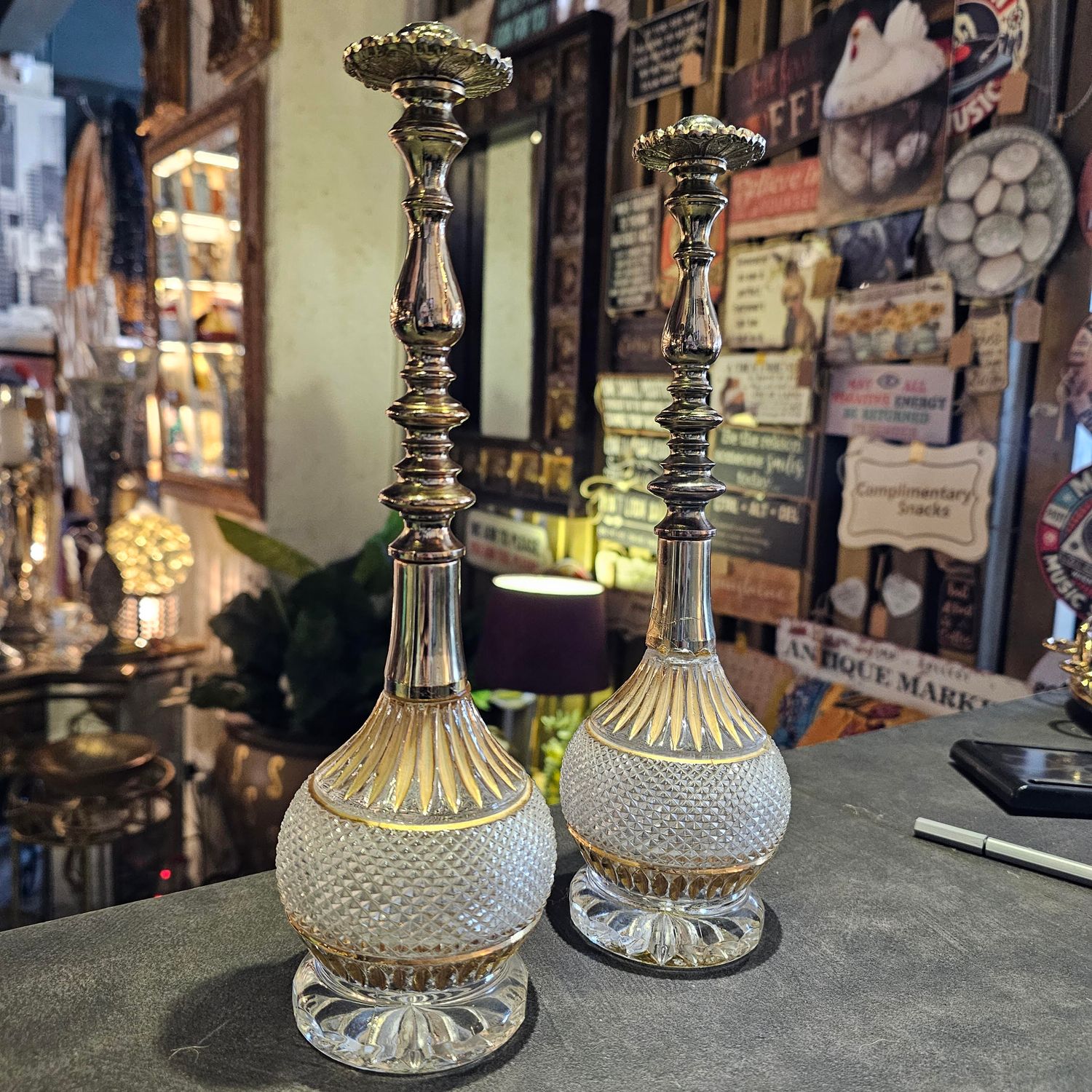 TALL CUT GLASS CRYSTAL AND BRASS DECOR