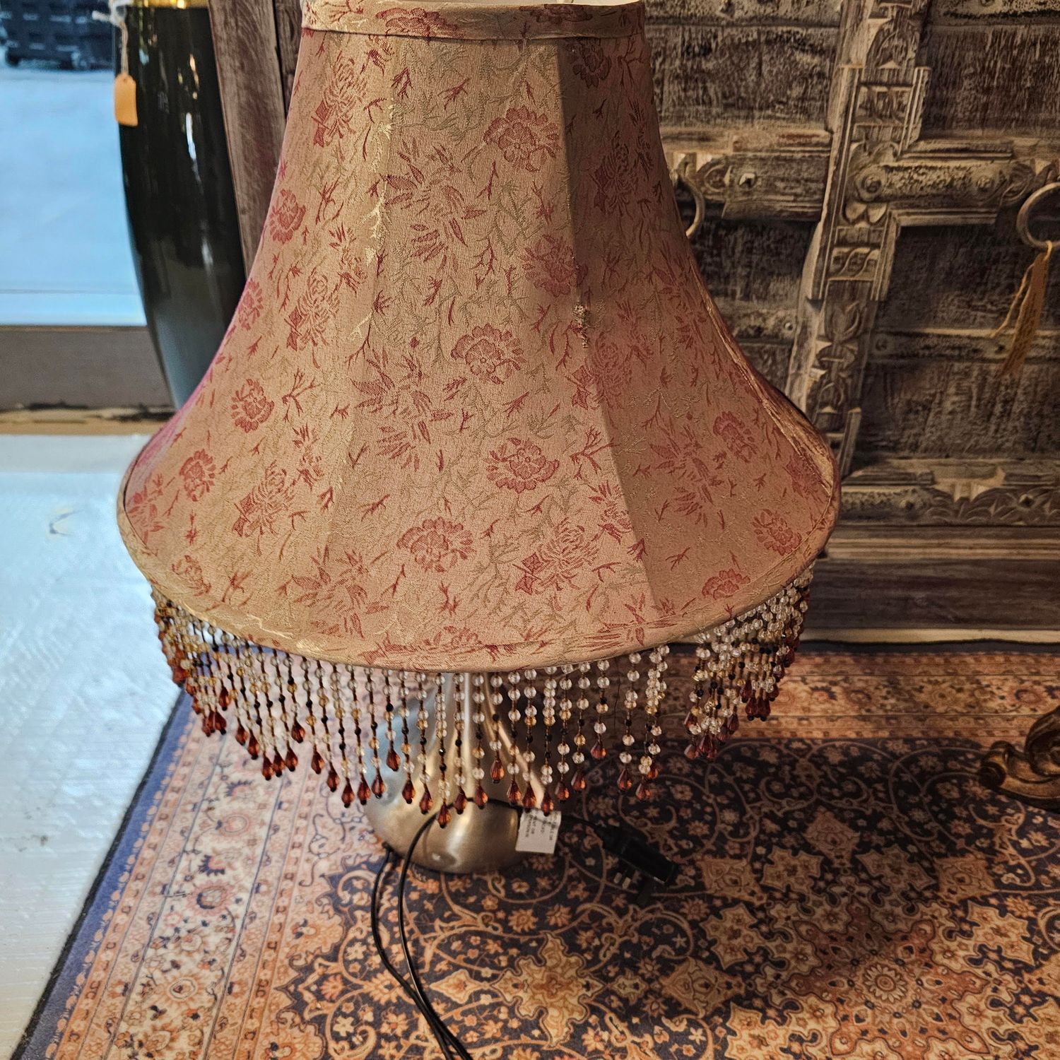 SILVER TRIM BASE TABLE LAMP BROWN VINTAGE SHADE WITH BEAD HANGING