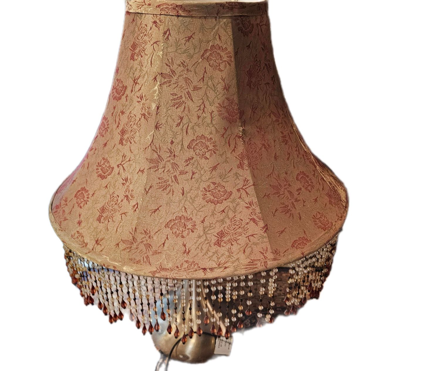 SILVER TRIM BASE TABLE LAMP BROWN VINTAGE SHADE WITH BEAD HANGING