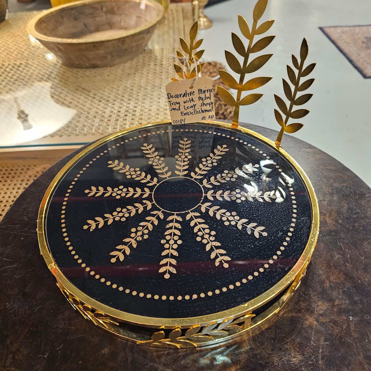 DECORATIVE MIRROR TRAY WITH METAL AND LEAF SHAPED EMBELLISHMENTS