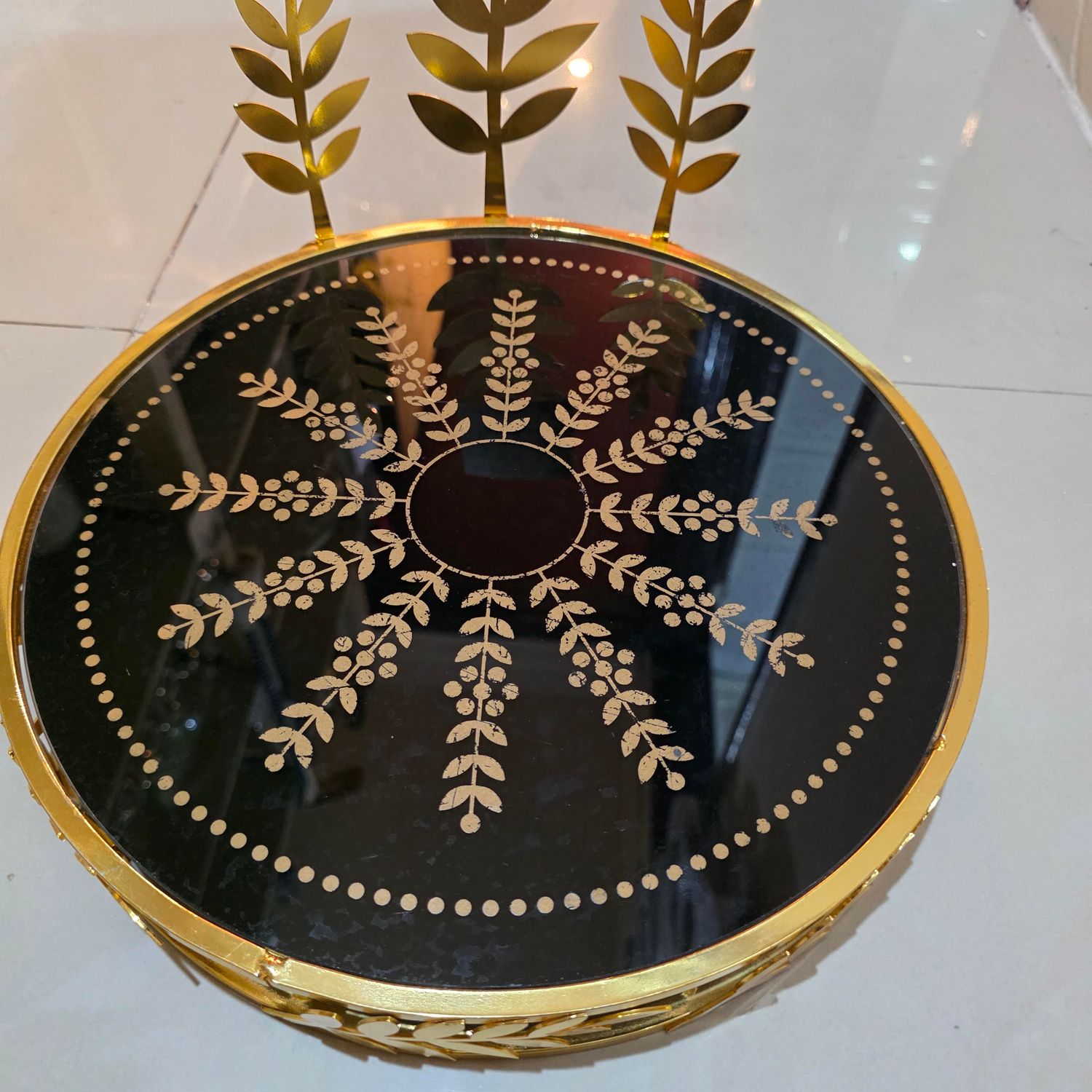 DECORATIVE MIRROR TRAY WITH METAL AND LEAF SHAPED EMBELLISHMENTS