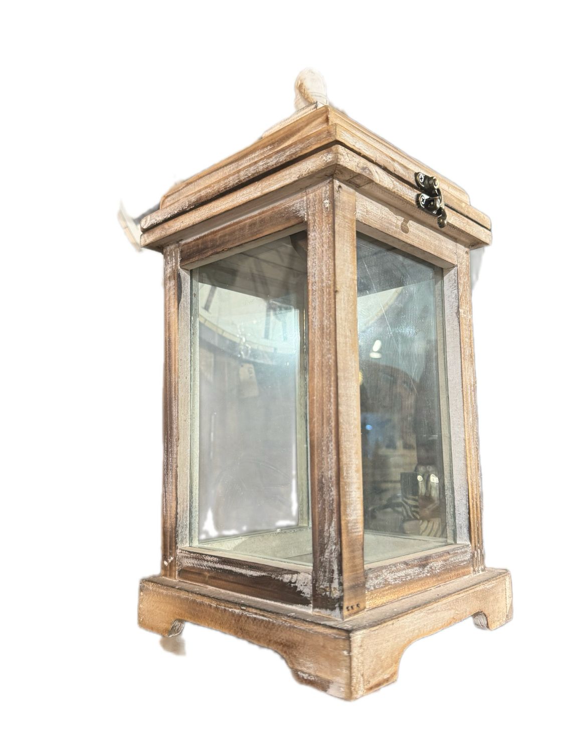 RUSTIC WOODEN CANDLE LANTERN WITH A DISTRESS WHITE  FINISH