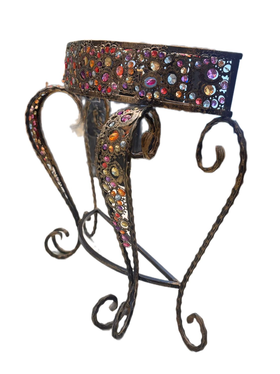 ORNATE METAL WORK WITH MULTICOLORED JEWELS LIKE CRYSTAL