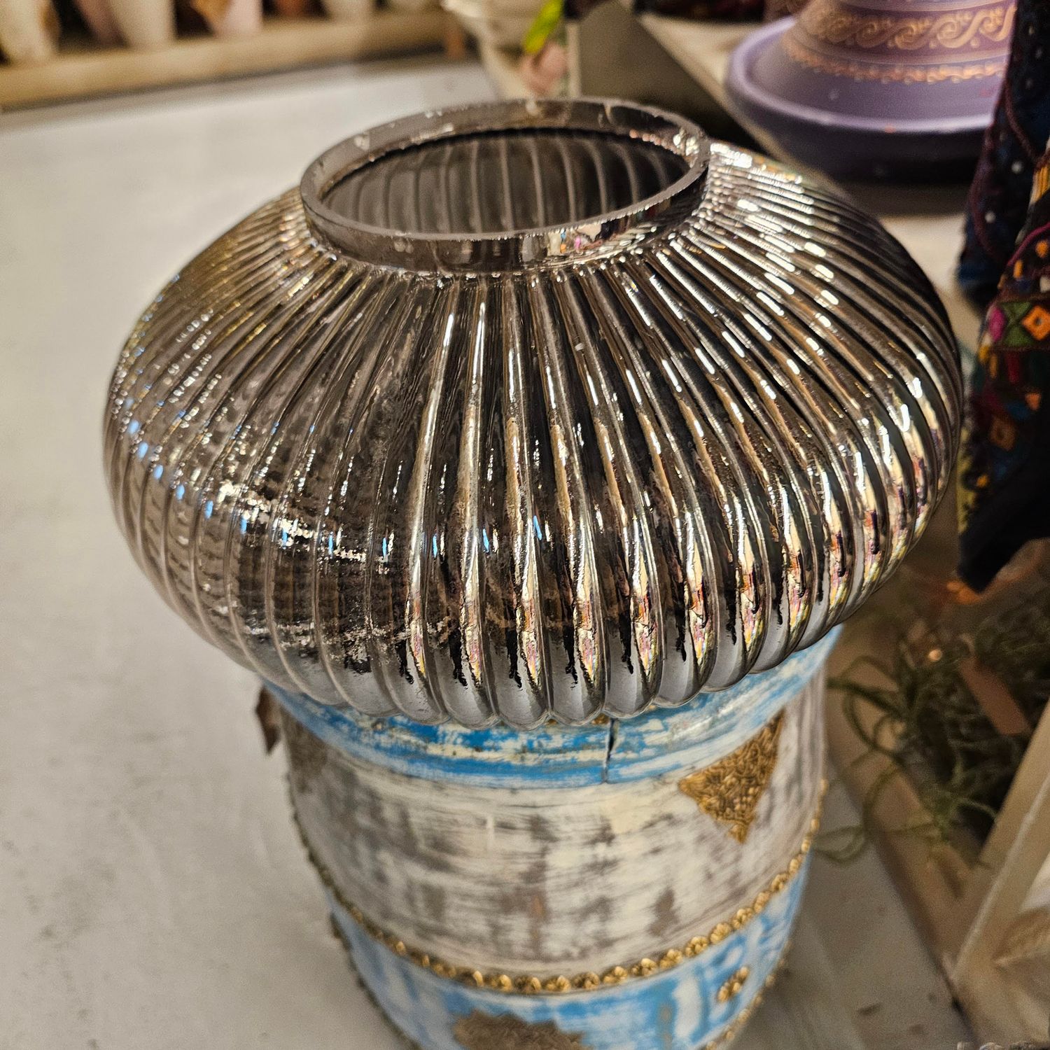 Silver Ribbed  Glass Vase or Bowl