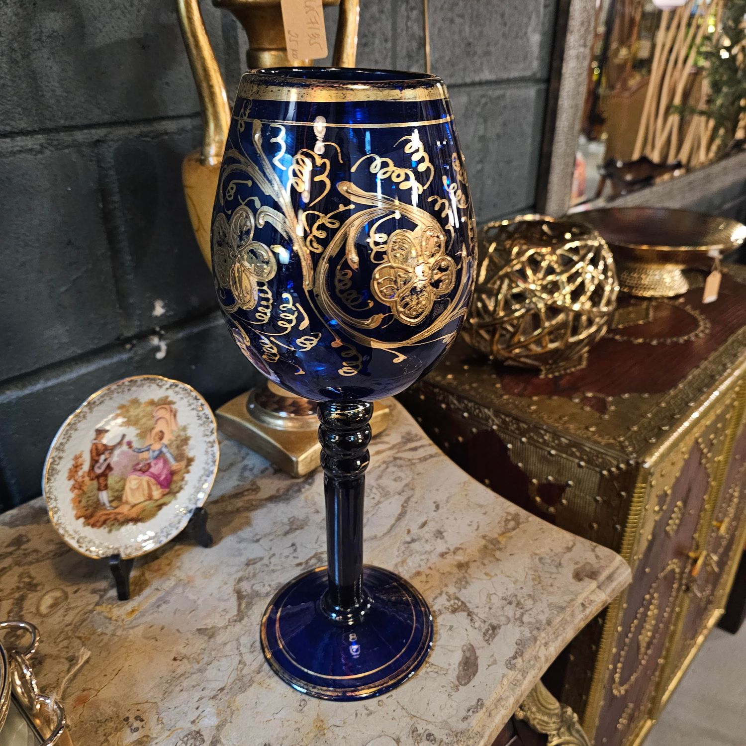 Bohemian or Venetian style Cobalt Blue Glass Goblet