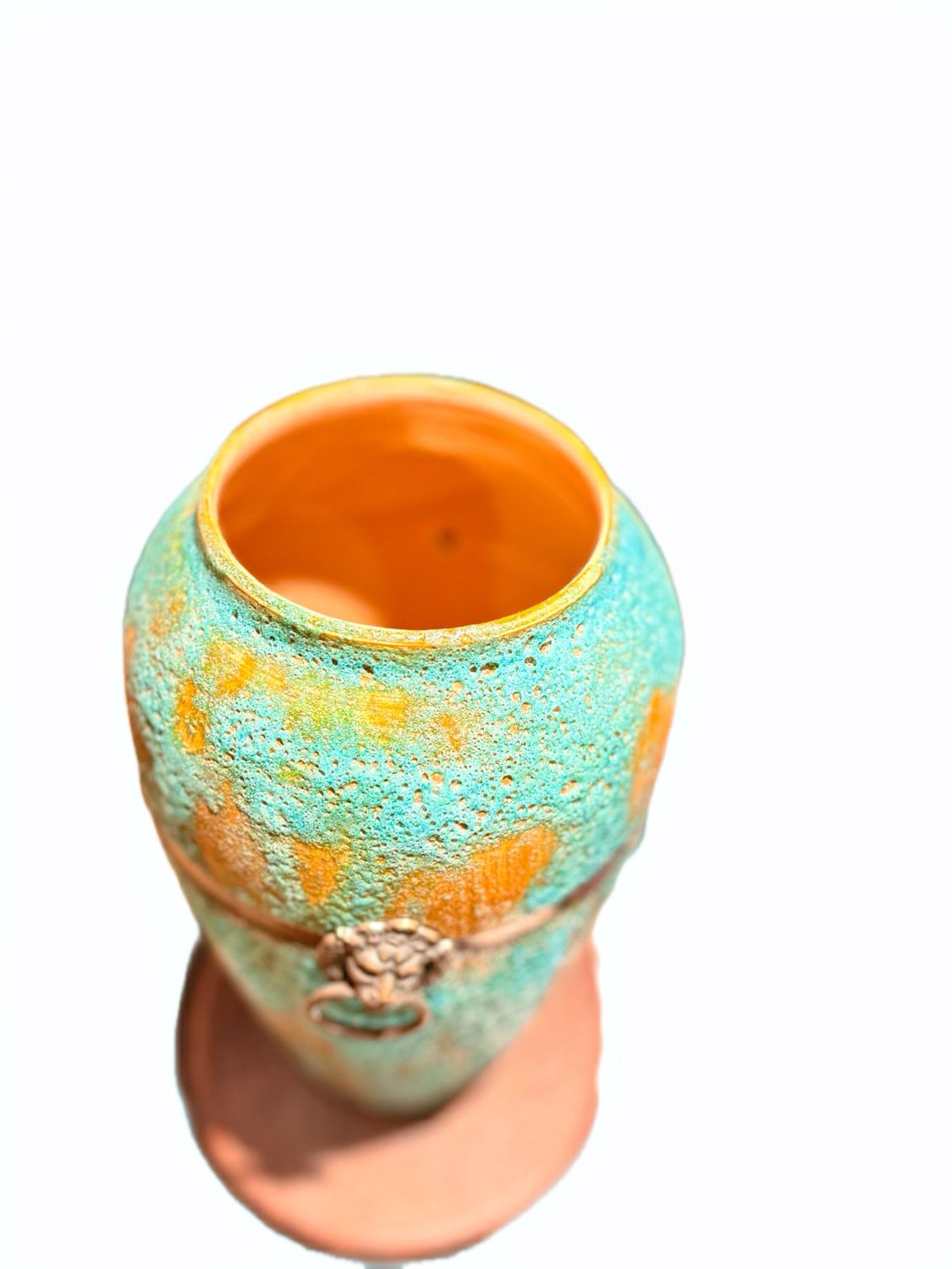 SOGA LIGHT BLUE LARGE CERAMIC FLOWER VASE WITH A TEXTURED FINISH AND A LIONS HEAD RING ACCENT
