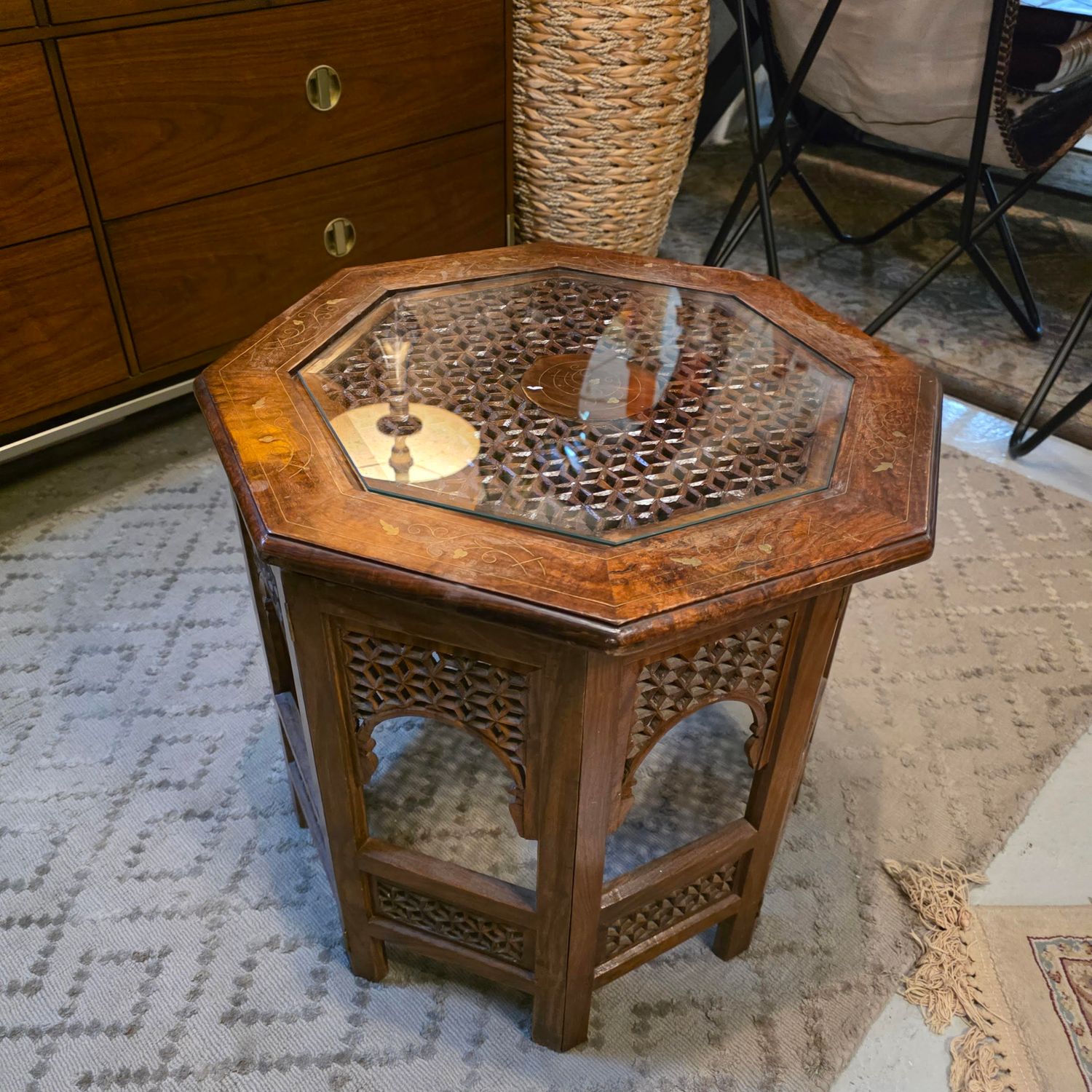 ANGLO INDIAN OCTAGONAL COFFEE TABLE GLASS TOP FEATURING BRASS INLAYS