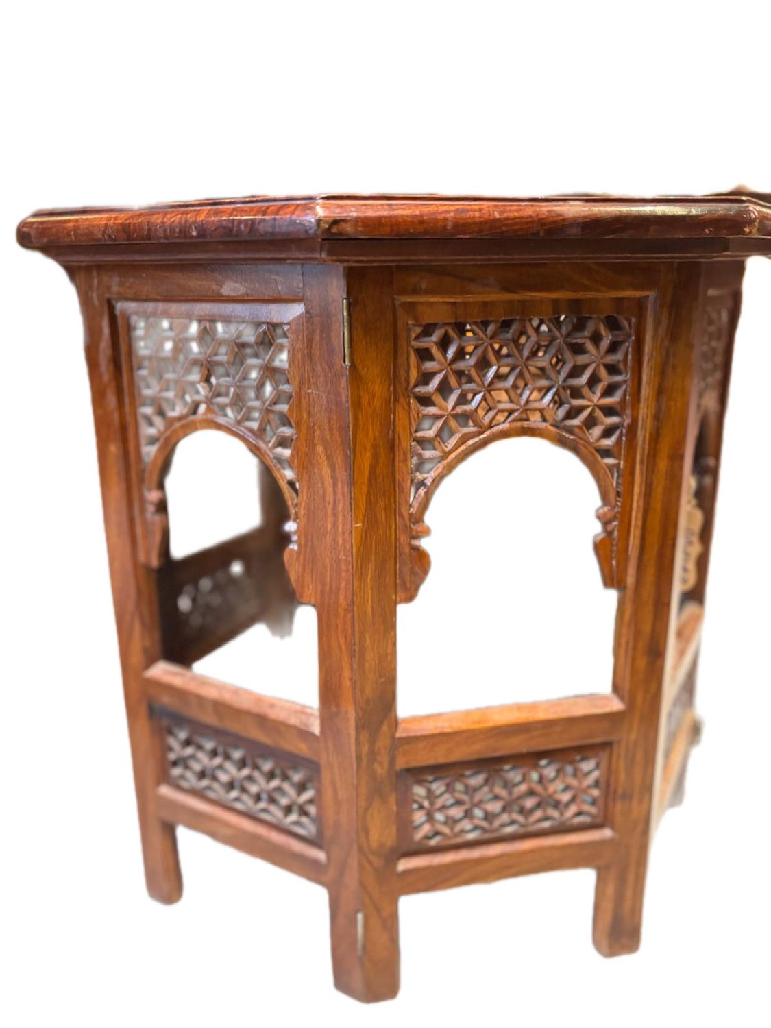 ANGLO INDIAN OCTAGONAL COFFEE TABLE GLASS TOP FEATURING BRASS INLAYS