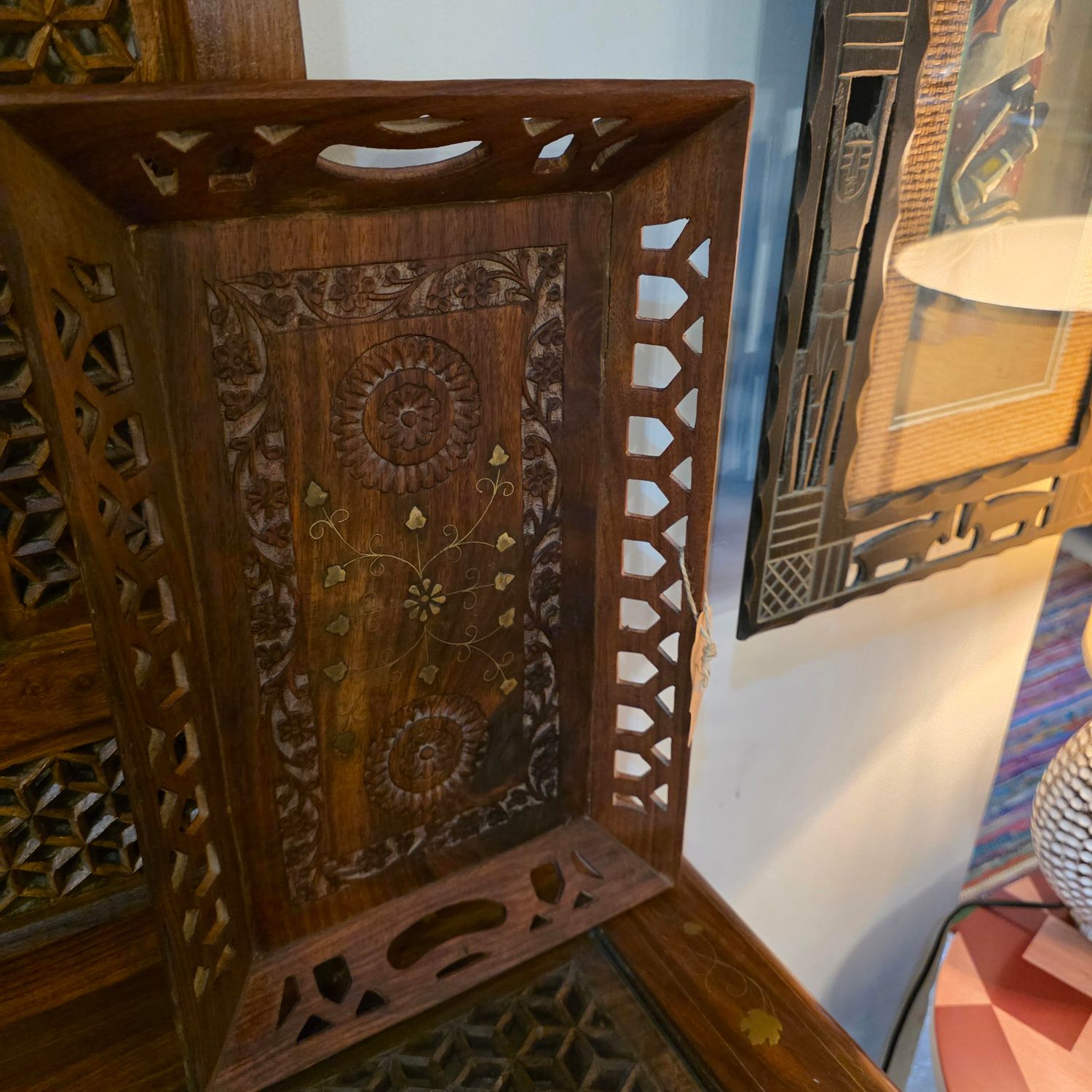 HAND CARVED WOODEN SERVING TRAY WITH BRASS INLAY