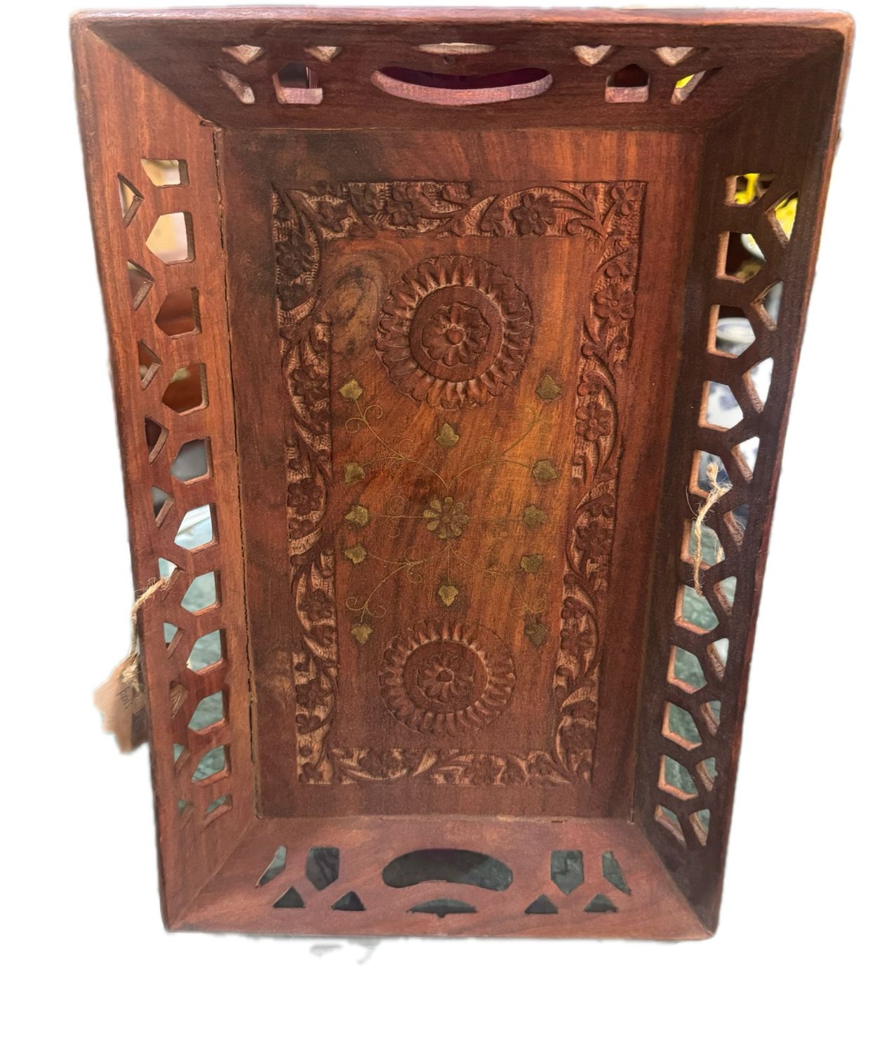 HAND CARVED WOODEN SERVING TRAY WITH BRASS INLAY