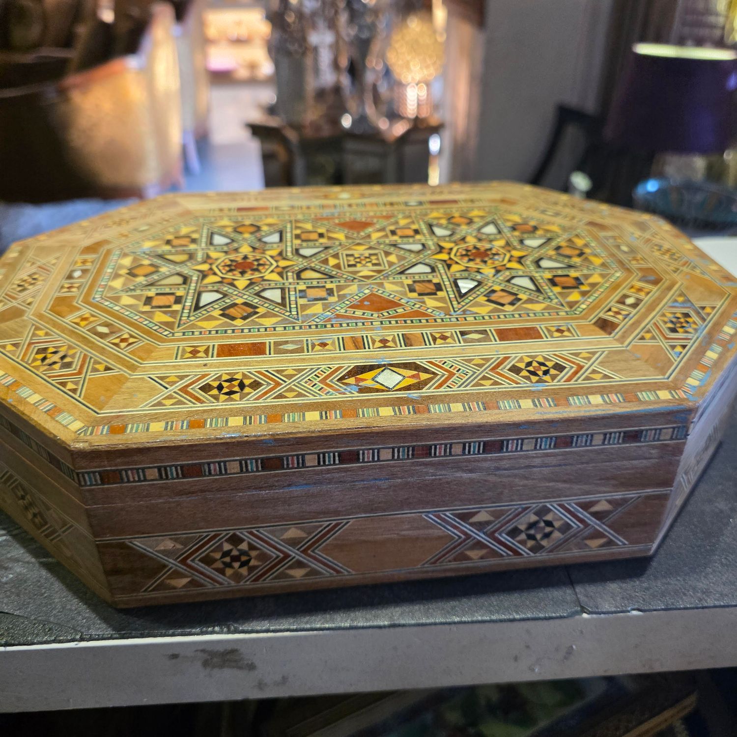 OCTAGON SYRIAN MOSAIC WOODEN JEWELRY BOX MID 20TH CENTURY