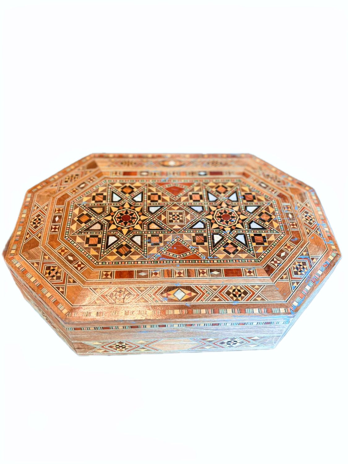 OCTAGON SYRIAN MOSAIC WOODEN JEWELRY BOX MID 20TH CENTURY